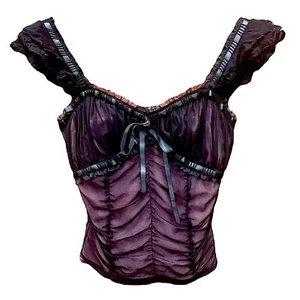 Parasuco Y2K Fairy Mesh Milkmaid schwarz transparent über rosa Rüschen Taillenbund Top Gr. S - Bild 1 von 12