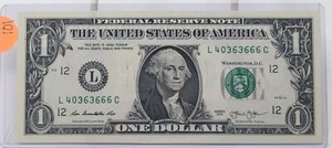 $1 US Federal Reserve Note UNCIRC. FANCY SERIAL No. 4 of a KIND 6s 40363666 X101 - Picture 1 of 2