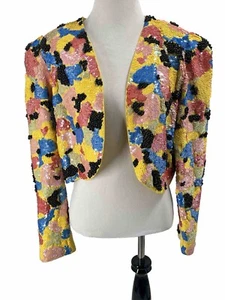 Vintage Silk Sequin Beaded Floral Colorful Bolero Cropped Jacket Shrug Glam Rock - Picture 1 of 9