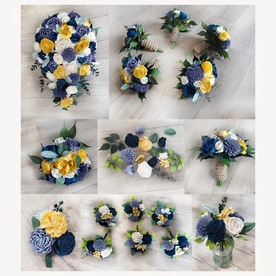 Blue Gold Bridal Bouquet Cascade Sola Wood Denim Navy Blue Wedding Decor Flowers - Image 1 of 4