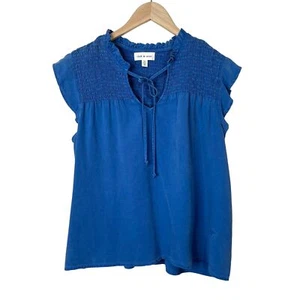 Cloth & Stone Blue Smocked Yoke Blouse Smocked Neck Cap Sleeves boho top XL - Picture 1 of 10