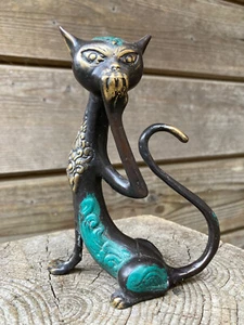 14 cm bronze metall braun grün gold poliert Katze Filigran Figur Art Deko - Zdjęcie 1 z 5