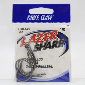 Eagle Claw Lazer Sharp L197BG Sz 4/0 Barbless 6 Pk Platinum Black Fishing Hooks - Picture 1 of 2