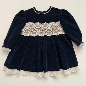 Vestido para bebé Allison Ann vintage década de 1990 12 meses azul marino terciopelo encaje rosa - Imagen 1 de 11