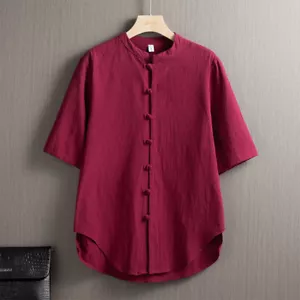 Linen Men's Retro Button-up Shirt Summer Thin Cotton and Linen Top Short-sleeved - Picture 1 of 9