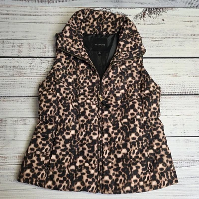 Talbots Puffer Vest Womens Medium Brown Black Leopard Print Quilted Down Pockets - Image 1 of 4