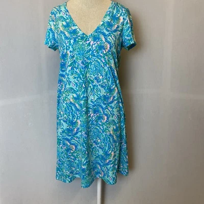 Lilly Pulitzer 连衣裙小号蓝色绿色 Etta 短袖珊瑚故事 — 第 1/4 张图片