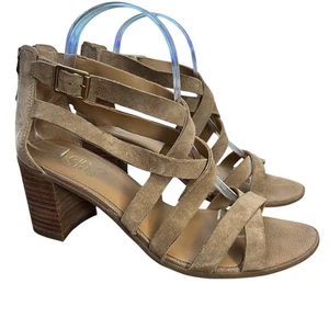 Franco Sarto Hachi Suede Beige Block Cross Strappy High Heel Sandals Womens sz 8 - Picture 1 of 16