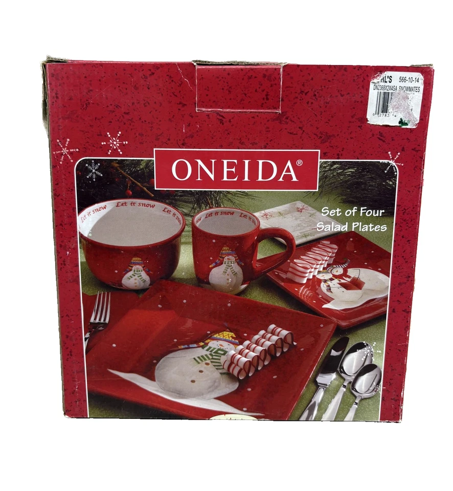 Oneida Snowmates Set of Four Salad Plates Holiday Snowman Christmas Red Boxed - Image 1 of 4