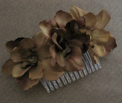 Triple Brown Apple Blossom  Silk Flowers  Hair Comb, Rockabilly, Prom, Bridal - Image 1 of 2