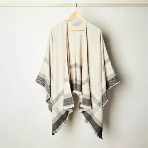 Siizu Alltrue Cozy Poncho Scarf Wrap Blue-Gray Cream Ivory stripe viscose - Picture 1 of 8