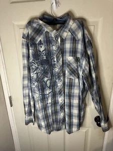 Camisa con botones Route 66 para hombre grande perla a presión azul a cuadros occidental - Imagen 1 de 3