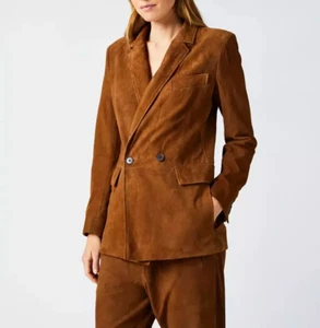 Women Brown Suede Leather Coat Real Leather Formal Double Buttons Leather Blazer - Picture 1 of 5