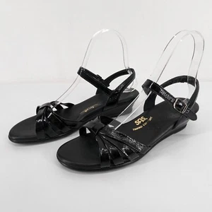 SAS Strippy Quarter Strap Womens Size 9 S Sandals Slim AAA Black Leather Wedge - Picture 1 of 10