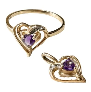 Anillo Colgante Oro 10K Corazón Púrpura Amatista Diamante Talla 7.25 Febrero Cumpleaños - Imagen 1 de 17