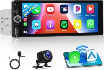 Single Din Android13 Touch Screen Car Stereo Radio GPS Carplay 2+64GB + Camera - Image 1 of 4