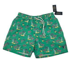 Polo Ralph Lauren Mens L Floral Aloha Swim Trunks Green Flamingos Mesh Lined NWT - Picture 1 of 8