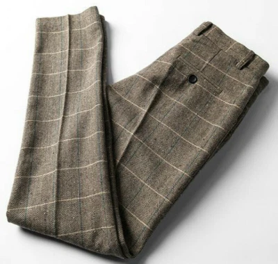 Men's Herringbone Tweed Pants Trousers Checked Wool Blend Straight Leg 32-44 - Image 1 of 4