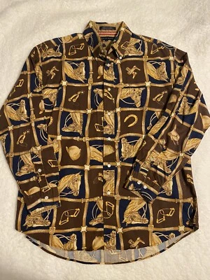 Camisa Tommy Hilfiger Estampado de Caballo Para Hombre L Estribos con Botones Jinete Ecuestre Foto 1 de 4