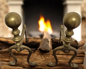 Pair of Victorian Brass Firedogs Andirons - Antique Fireplace Accessories - Picture 1 of 5
