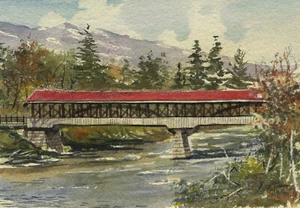 Puente cubierto del río Saco, Conway, NH. Tarjetas de notas artísticas de acuarela de Gerald Hill - Imagen 1 de 2