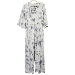 En Creme Jumpsuit Womens L Gray Tie Dye Lace Up V-Neck Flare Sleeve Wide Leg - Picture 1 of 21