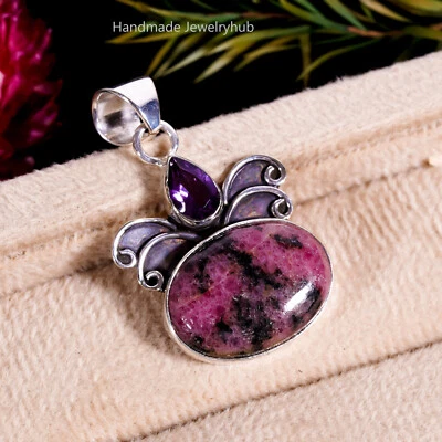 Colgante de Rodonita y Amatista Plata de Ley 925 Hecho a Mano Ocasión Regalo PG1811 Foto 1 de 3