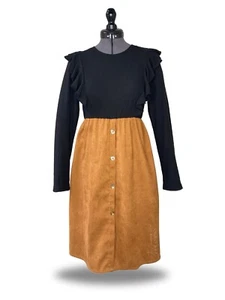 SHEIN Tween Girl Black & Brown Size 11-12Y Two Tone Long Sleeve RuffleTrim Dress - Picture 1 of 10