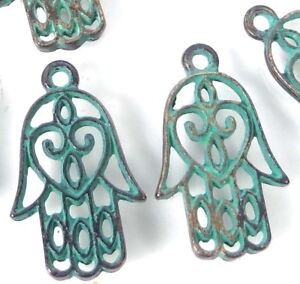 10 Hamsa Hand Charms Palm Protection Antique Bronze Pewter Green Patina 21x13mm