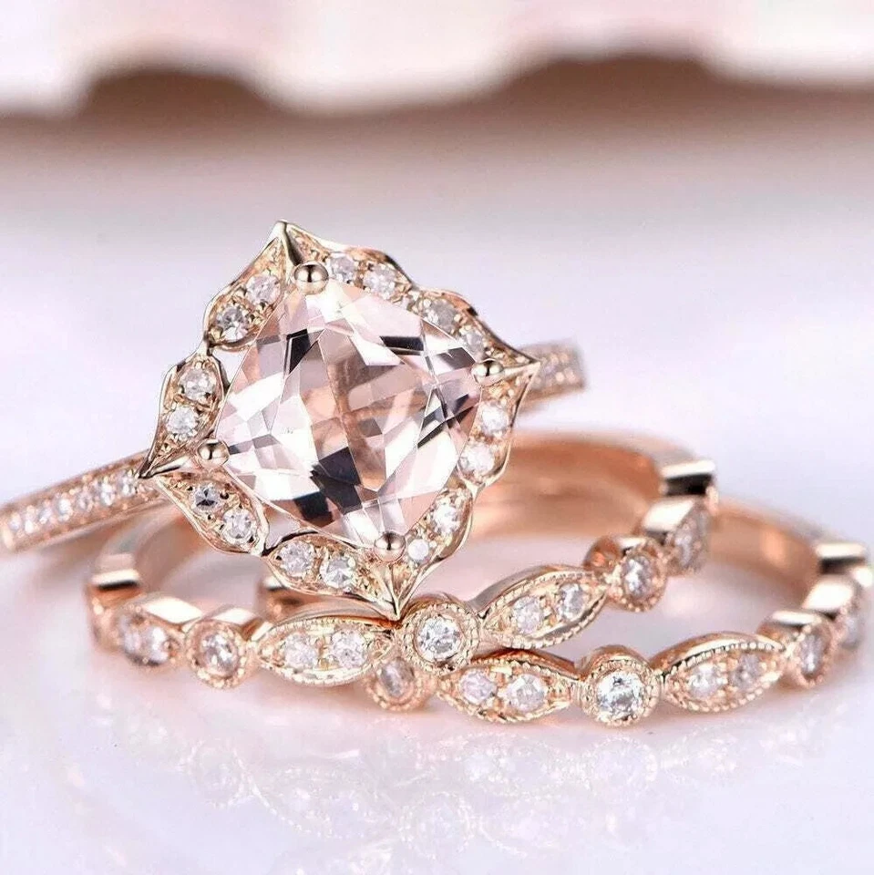 2.70Ct Cushion Cut Morganite Trio Womens Engagement Ring Set 14K Rose Gold Over - Изображение 1 из 1