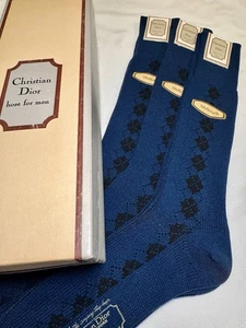 NWT Vintage 3 Pr Christian Dior Navy Argyle Nylon Mens Dress Socks Sz 10-13 +Box - Picture 1 of 16