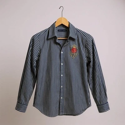 Ralph Lauren Vintage Navy Striped Button Down RL Crest Crown Small - Image 1 of 4