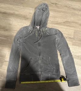 True Religion Hoodie Womens XS Zip Up Graphic Neck Print Gray - Picture 1 of 6