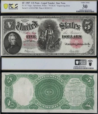 SC 1907 $5 Fr.91* ESTRELLA “PCBLIC” Error Licitación Legal Sello Rojo PCGS 30 Muy Fino Foto 1 de 4