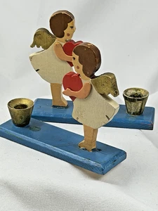 Coppia Statuine Erzgebirge Portacandele Bambina con Cuore Natale San Valentino - Foto 1 di 6