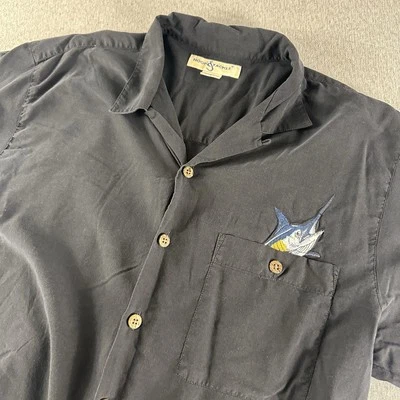 Hook & Tackle Silk Shirt Men M Black Button Up Marlin Embroidered Booze Brothers - Image 1 of 4