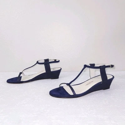 Amalfi By Rangoni Wedge Sandals Womens 8 N Blue Suede T-Strap Heels Strappy Pump - Image 1 of 4
