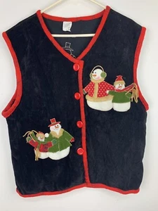 Christmas Black Velvet Snowmen Vest Womens Size Large Festive Holiday Top - Picture 1 of 9