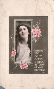 Viele Happy & Bright Returns of Your Birthday hübsches Mädchen getönt RPPC Postkarte - Bild 1 von 2