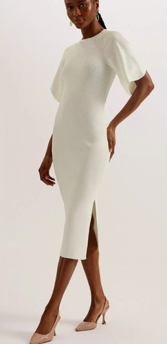 OFF WHITE ABITO MIDI NUOVO CON ETICHETTE TED BAKER OFF WHITE IN MAGLIA BODYCON SPACCO LATERALE TAGLIA 12 TED 3