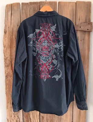 BKE Buckle Graphic Print Button Up Shirt LS Black Cotton Slim Fit Mens XXL - Image 1 of 4
