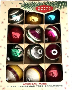 Shiny Brite Vintage Weihnachtsschmuck Glas gestreift Einzug Box von 12 Gr. 2 1/4" - Bild 1 von 5
