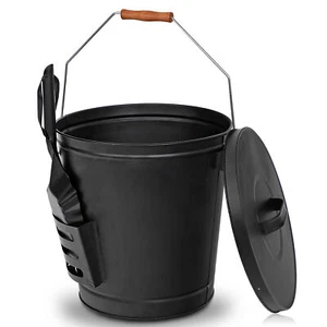 HomGarden Ash Bucket W/Shovel Lid Cover Fire Pits Stove Black Metal Fireplace - Picture 1 of 8