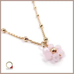 Collana FIORE in argento 925 con Perline Quarzo Rosa girocollo donna pietre dure - Foto 1 di 7