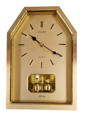 Vintage Seiko Melody Quartz Alarm Mantle Clock Gold Rotating Pendulum *WORKS* - Image 1 of 4