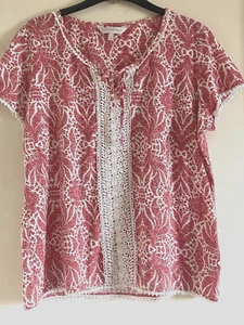John Rocha 100% Cotton Foliage Print Short Sleeve Embellished T-shirt Top UK 14 - Picture 1 of 8