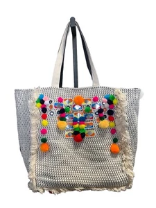 Circus Sam Edelman Large Boho Tote Bag Fringed Mirrored Embroidered Pom Poms - Picture 1 of 6