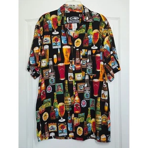 MAKO Sportswear Beer Hawaiian Shirt Tropical Print Button Up USA Made L Vacation - Picture 1 of 3