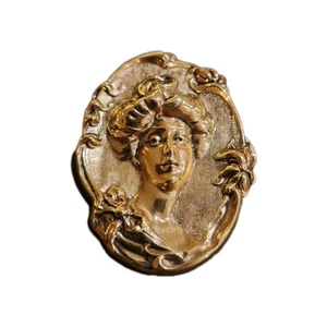 Vintage Art Nouveau Style Gold-Tone Metal Repoussé Cameo Brooch - Gibson Girl - Picture 1 of 8