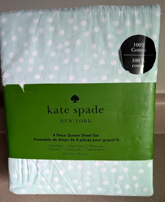Kate Spade Queen Size Cotton Sheet Set    Green Mint / White Polka Dots - Image 1 of 3